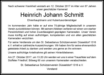Traueranzeige von Heinrich Johann Schmitt von Rheinische Post