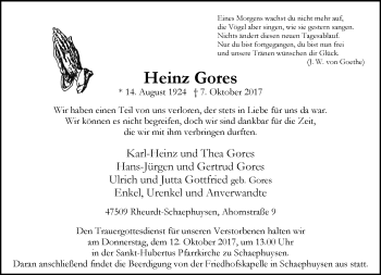 Traueranzeige von Heinz Gores von Rheinische Post