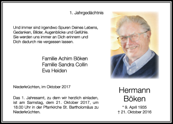 Traueranzeige von Hermann Böken von Rheinische Post