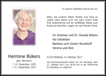 Traueranzeige von Hermine Bükers von Rheinische Post