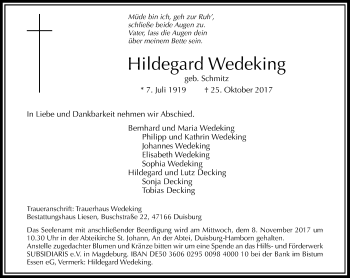 Traueranzeige von Hildegard Wedeking von Rheinische Post