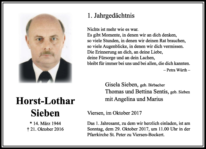  Traueranzeige für Horst-Lothar Sieben vom 21.10.2017 aus Rheinische Post