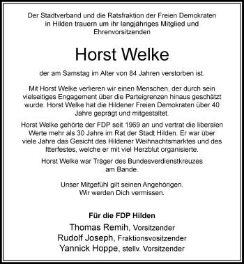 Traueranzeige von Horst Welke von Rheinische Post