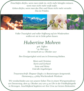 Traueranzeige von Hubertine Mohren von Rheinische Post