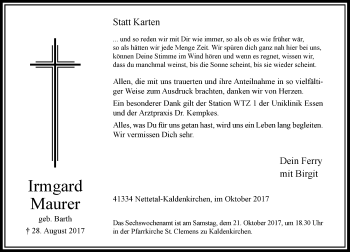 Traueranzeige von Irmgard Maurer von Rheinische Post