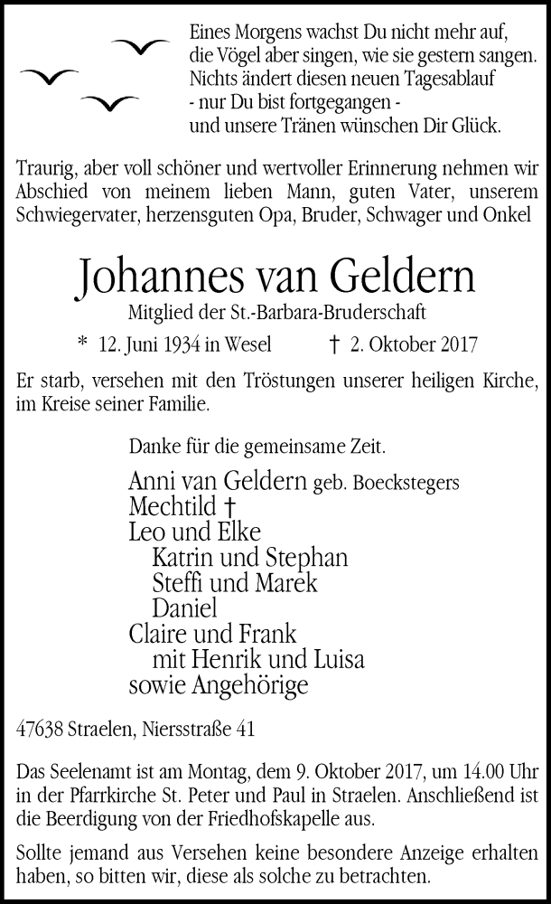  Traueranzeige für Johannes van Geldern vom 05.10.2017 aus Rheinische Post