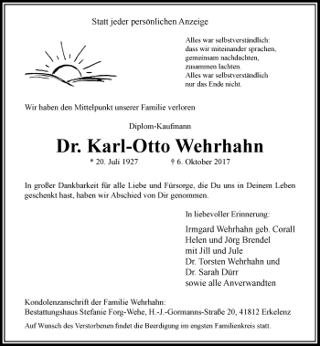 Traueranzeige von Karl-Otto Wehrhahn von Rheinische Post
