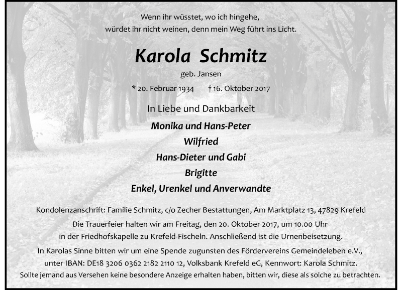  Traueranzeige für Karola Schmitz vom 18.10.2017 aus Rheinische Post