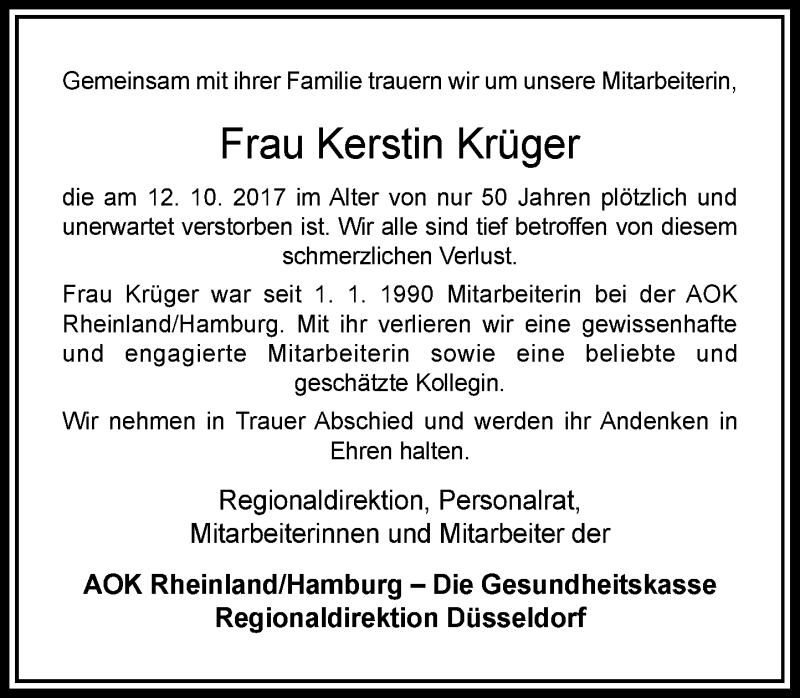  Traueranzeige für Kerstin Krüger vom 18.10.2017 aus Rheinische Post