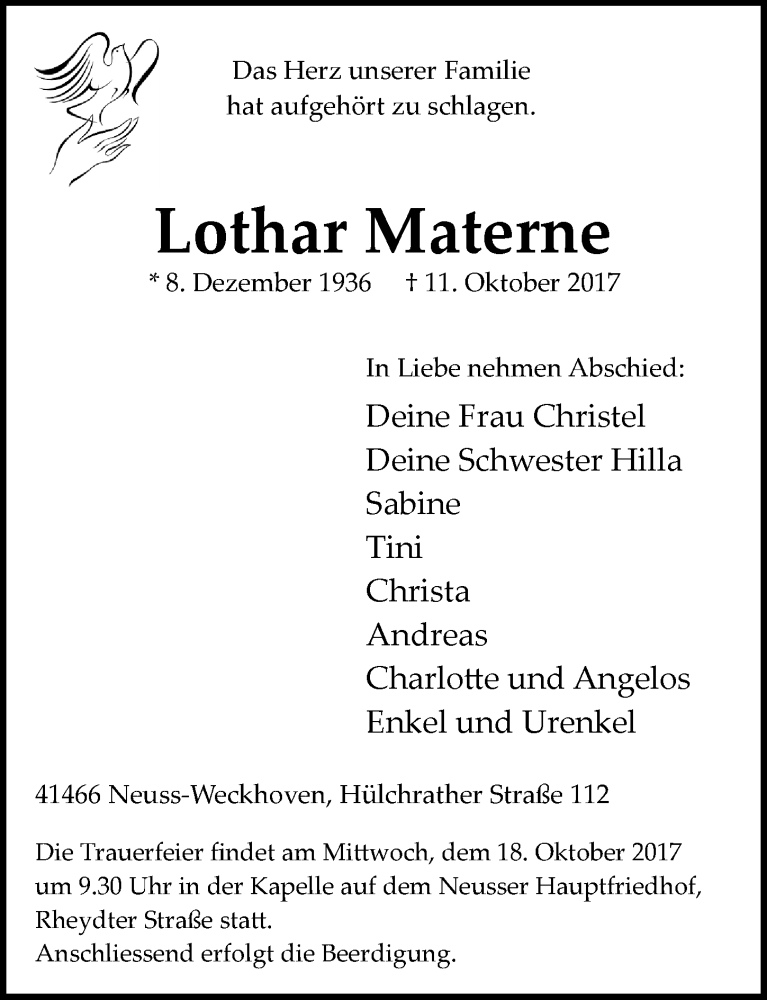  Traueranzeige für Lothar Materne vom 14.10.2017 aus Rheinische Post