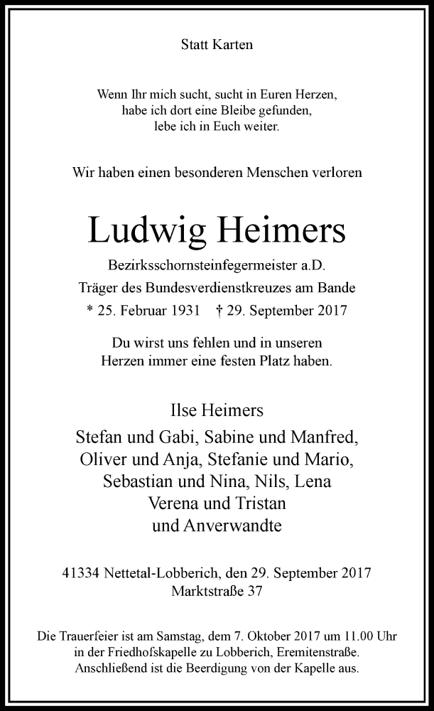  Traueranzeige für Ludwig Heimers vom 05.10.2017 aus Rheinische Post