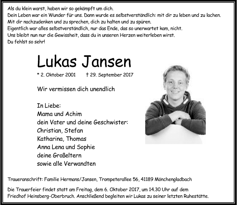  Traueranzeige für Lukas Jansen vom 03.10.2017 aus Rheinische Post