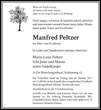 Traueranzeige von Manfred Peltzer von Rheinische Post