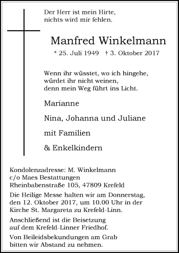 Traueranzeige von Manfred Winkelmann von Rheinische Post