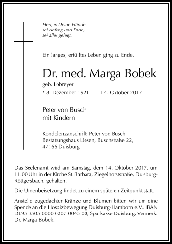 Traueranzeige von Marga Bobek von Rheinische Post