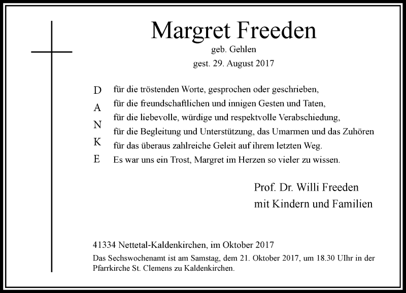  Traueranzeige für Margret Freeden vom 14.10.2017 aus Rheinische Post