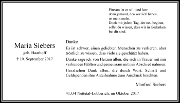 Traueranzeige von Maria Siebers von Rheinische Post