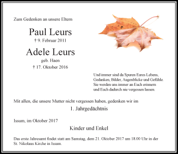 Traueranzeige von Paul und Adele Leurs von Rheinische Post