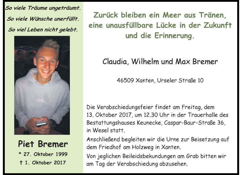  Traueranzeige für Piet Bremer vom 06.10.2017 aus Rheinische Post