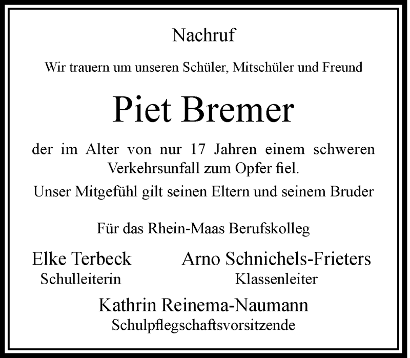  Traueranzeige für Piet Bremer vom 07.10.2017 aus Rheinische Post