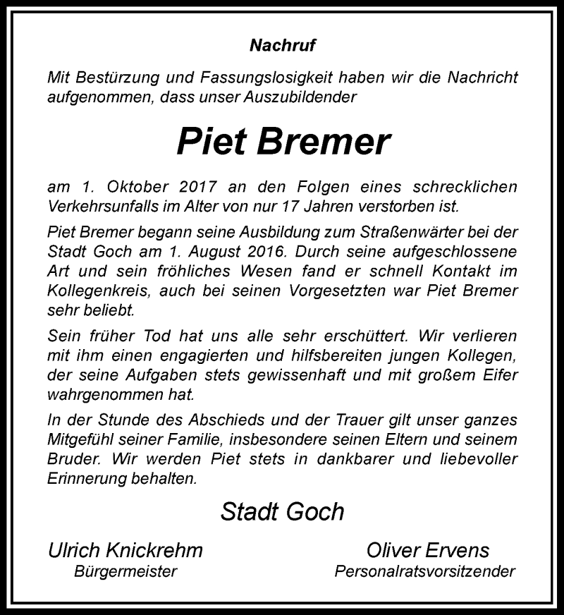  Traueranzeige für Piet Bremer vom 12.10.2017 aus Rheinische Post