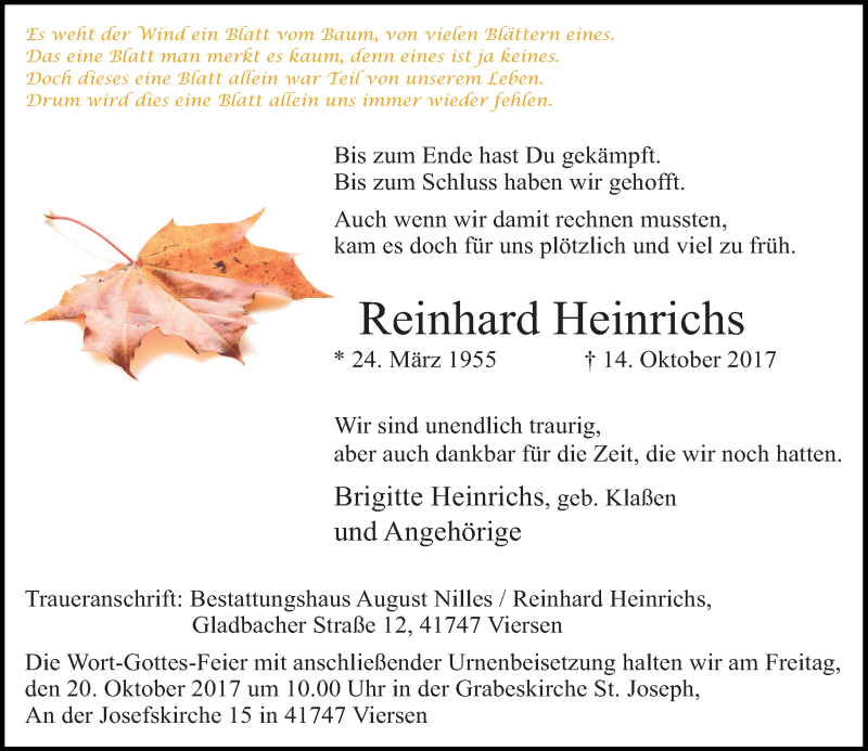 Traueranzeige für Reinhard Heinrichs vom 18.10.2017 aus Rheinische Post