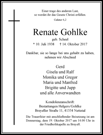 Traueranzeige von Renate Gohlke von Rheinische Post