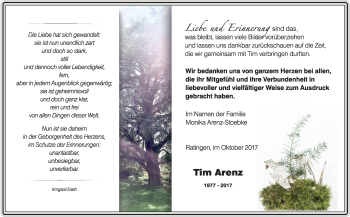 Traueranzeige von Tim Arenz von Rheinische Post