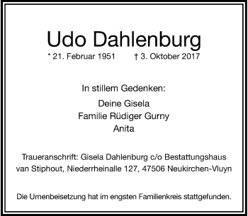 Traueranzeige von Udo Dahlenburg von Rheinische Post