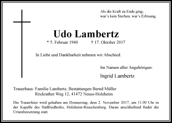 Traueranzeige von Udo Lambertz von Rheinische Post