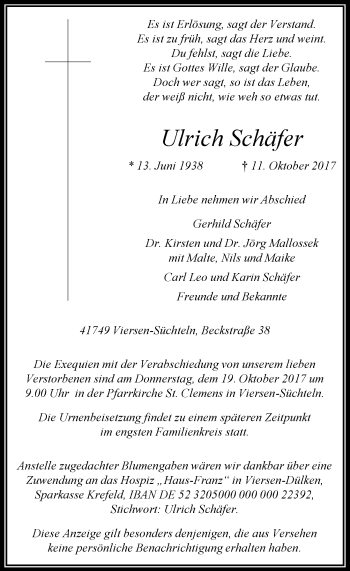 Traueranzeige von Ulrich Schäfer von Rheinische Post