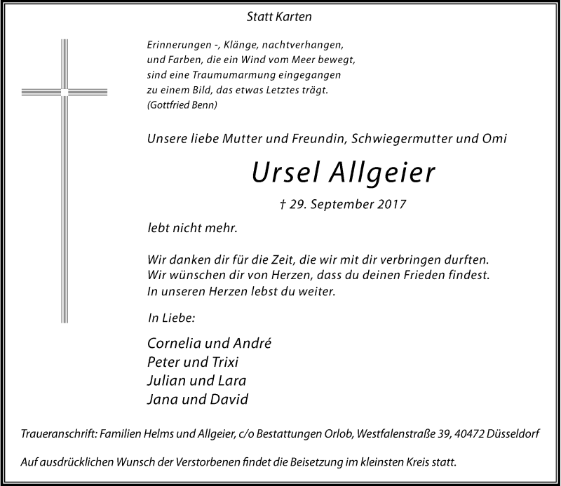  Traueranzeige für Ursel Allgeier vom 14.10.2017 aus Rheinische Post