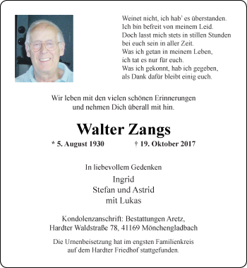 Traueranzeige von Walter Zangs von Rheinische Post