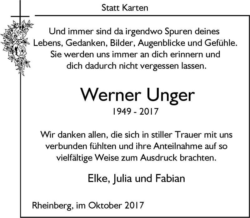  Traueranzeige für Werner Unger vom 28.10.2017 aus Rheinische Post