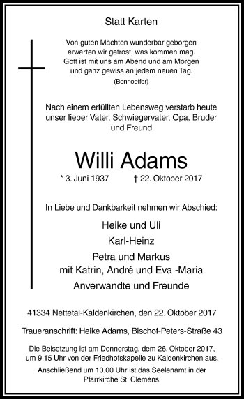 Traueranzeige von Willi Adams von Rheinische Post