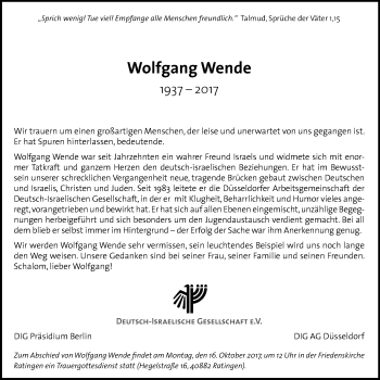 Traueranzeige von Wolfgang Wende von Rheinische Post