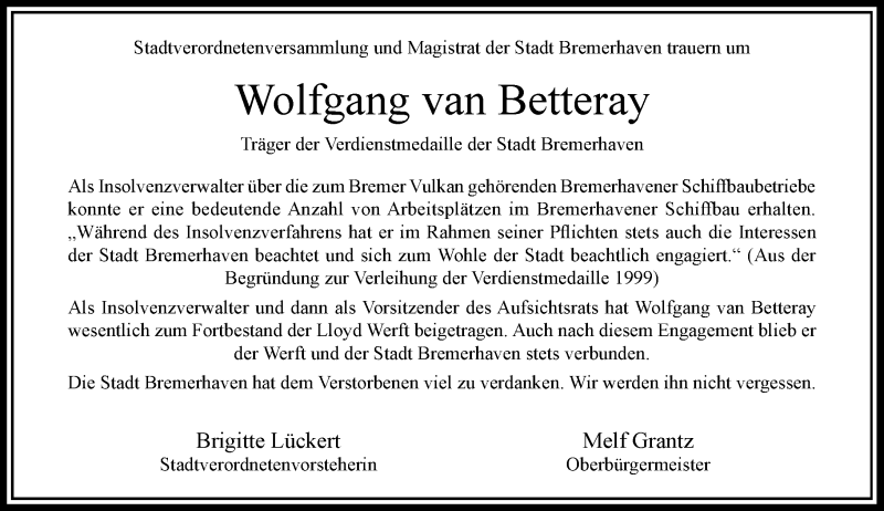  Traueranzeige für Wolfgang van Betteray vom 14.10.2017 aus Rheinische Post