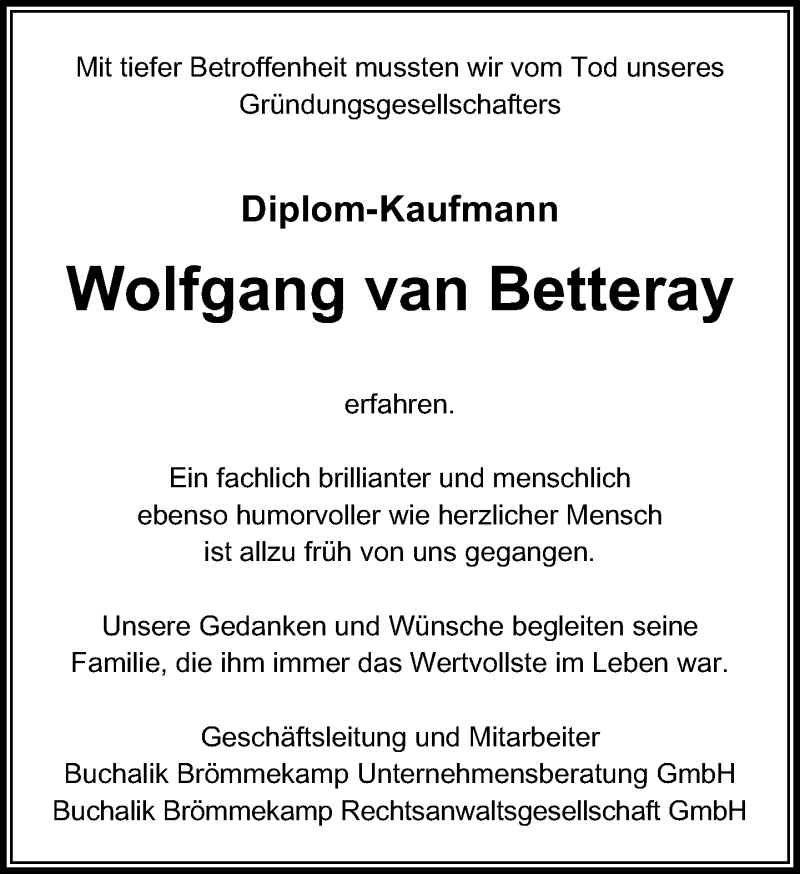  Traueranzeige für Wolfgang van Betteray vom 14.10.2017 aus Rheinische Post