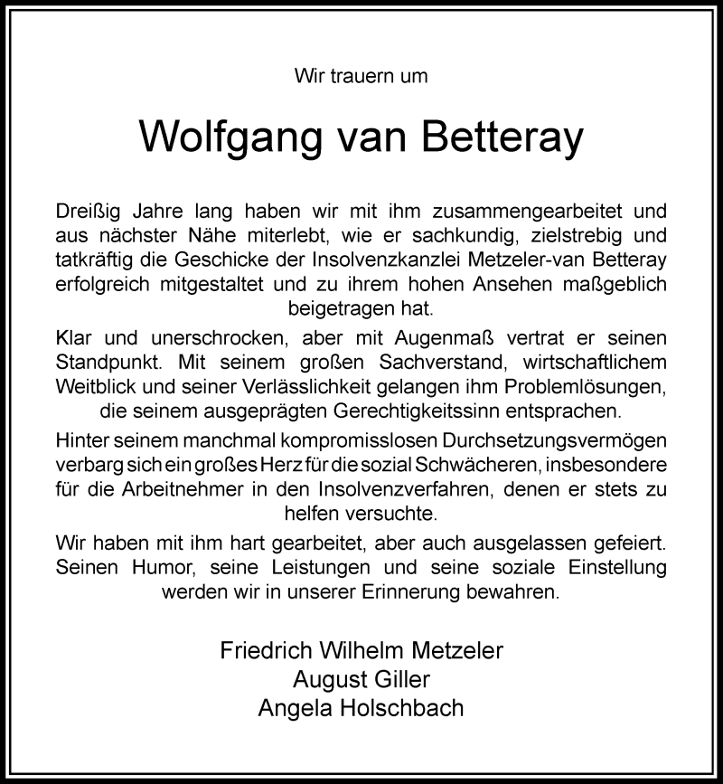  Traueranzeige für Wolfgang van Betteray vom 17.10.2017 aus Rheinische Post