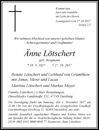 Traueranzeige von Änne Lötschert von Rheinische Post