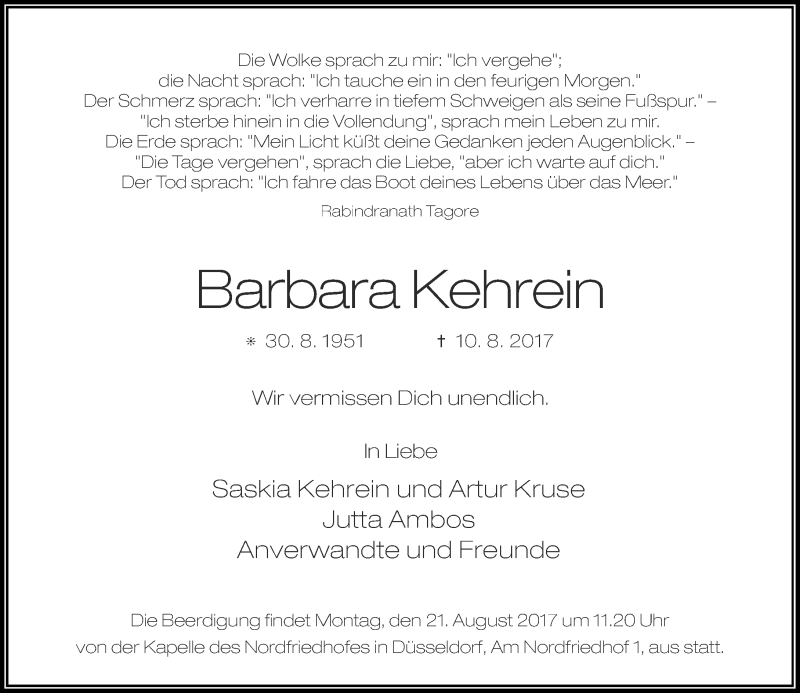  Traueranzeige für Barbara Kehrein vom 19.08.2017 aus Rheinische Post