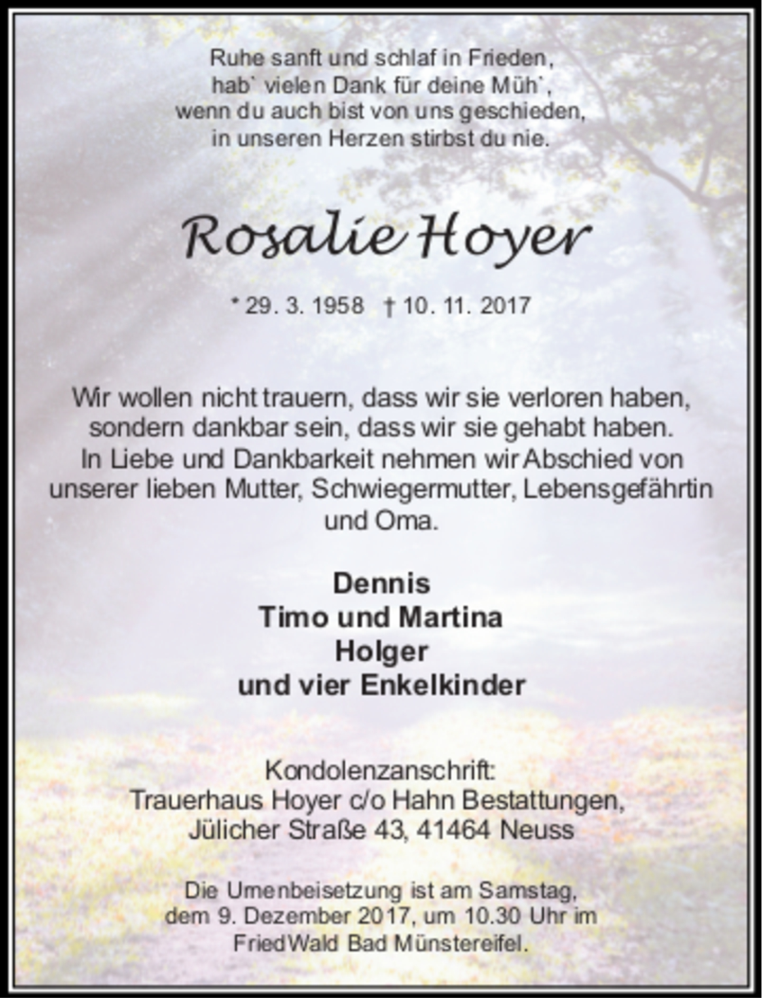  Traueranzeige für Rosalie Hoyer vom 25.11.2017 aus Rheinische Post