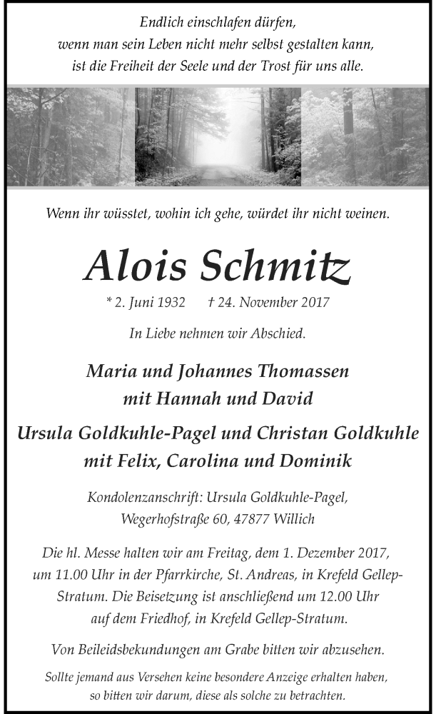  Traueranzeige für Alois Schmitz vom 29.11.2017 aus Rheinische Post