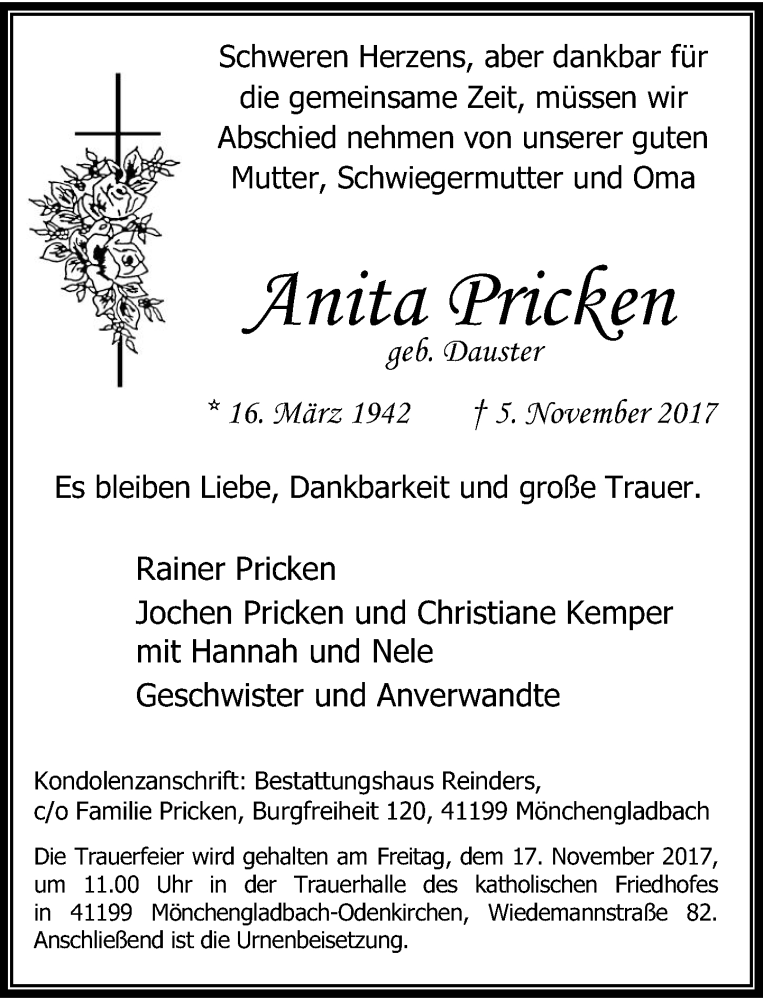  Traueranzeige für Anita Pricken vom 11.11.2017 aus Rheinische Post