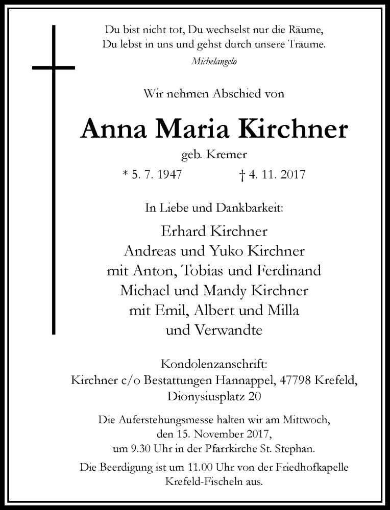  Traueranzeige für Anna Maria Kirchner vom 11.11.2017 aus Rheinische Post