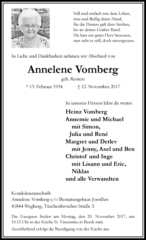  Traueranzeige für Annelene Vomberg vom 15.11.2017 aus Rheinische Post