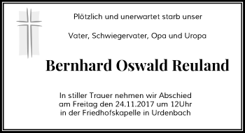 Traueranzeige von Bernhard Oswald Reuland von Rheinische Post