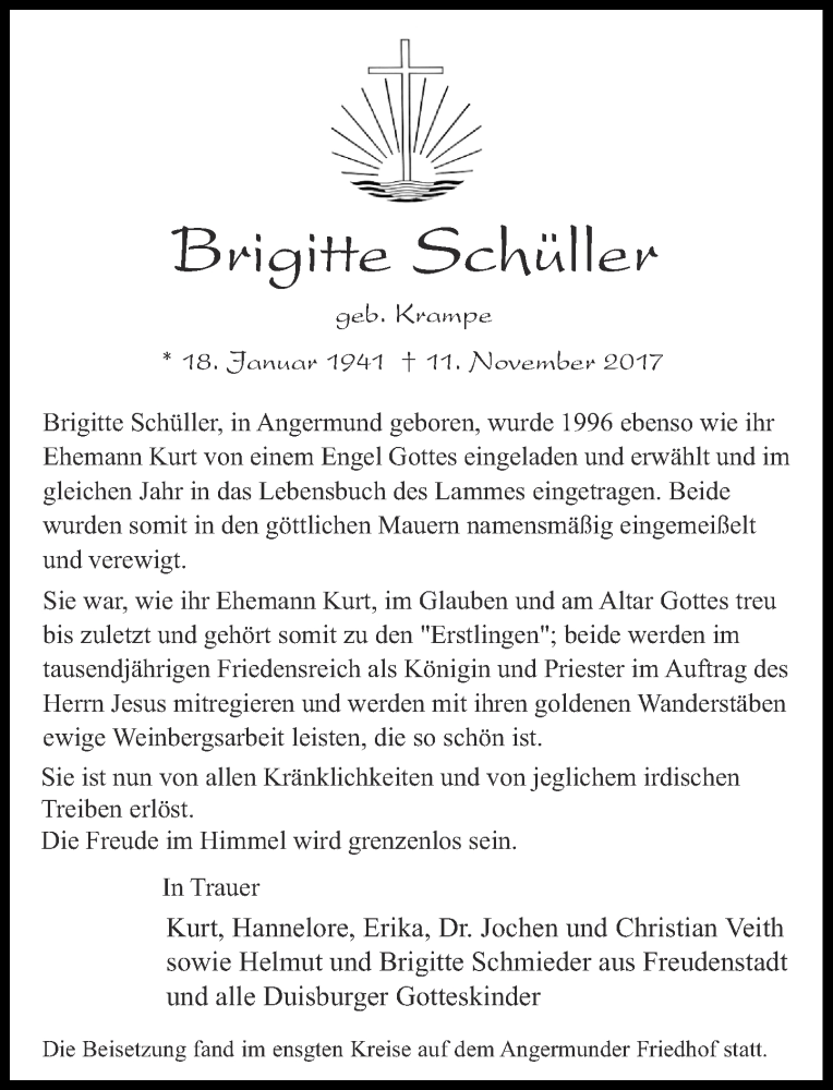  Traueranzeige für Brigitte Schüller vom 22.11.2017 aus Rheinische Post