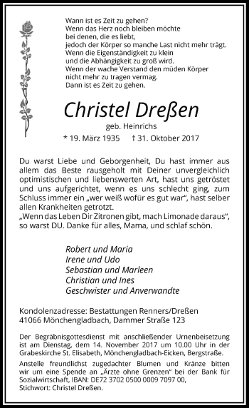 Traueranzeige von Christel Dreßen von Rheinische Post