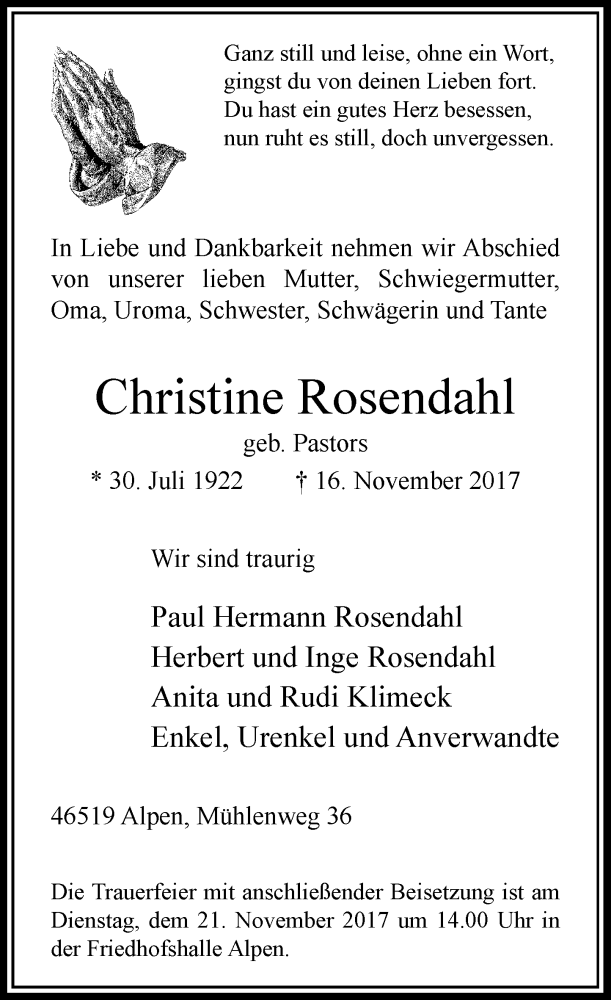  Traueranzeige für Christine Rosendahl vom 18.11.2017 aus Rheinische Post